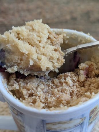 Photo of a blueberrry crumb mug cake with a spoon of cake sitting on top.