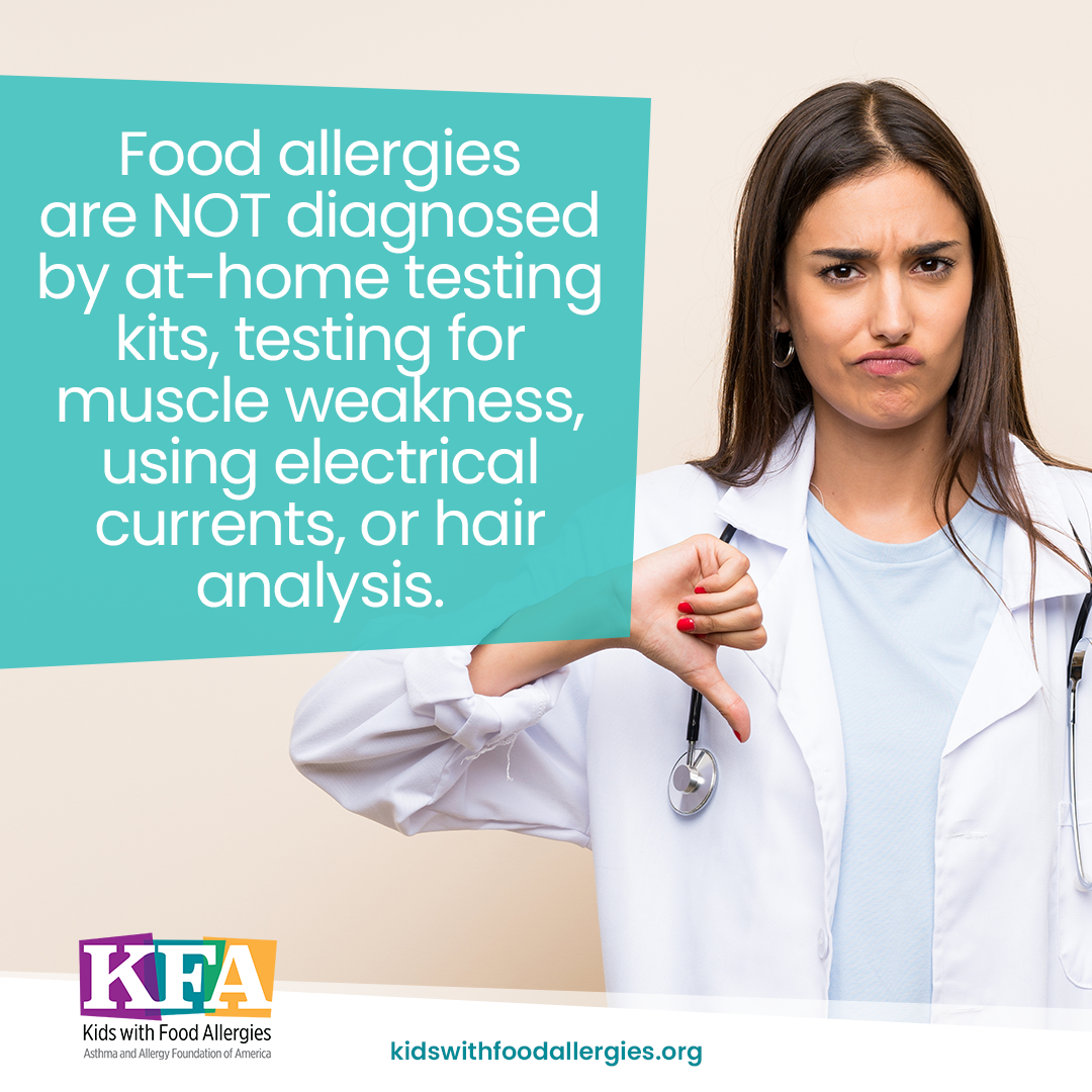 A photo of a woman wearing a lab coat and stethoscope with the text: Food allergies are not diagnosed by at-home testing kits, testing for muscle weakness, using electrical currents, or hair analysis.