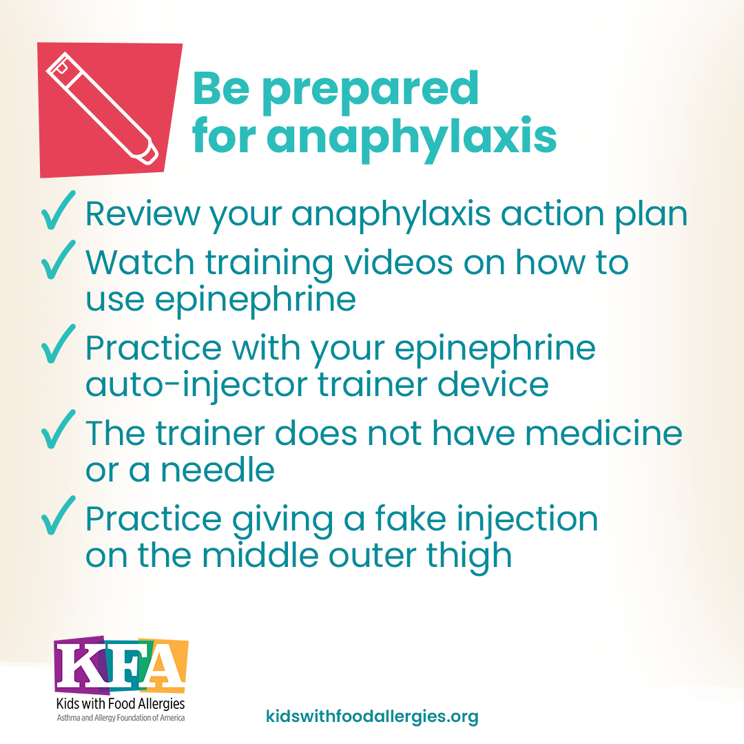 An icon of an epinephrine auto-injector with the text: Be prepared for anaphylaxis. Review your action plan, watch training videos on how to use epinephrine, practice with an auto-injector trainer without a needle.