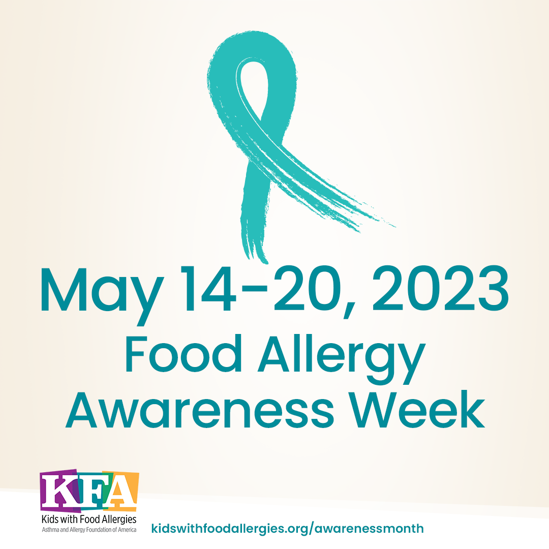 A teal awareness ribbon with text May 14-20, 2023 is Food Allergy Awareness Week