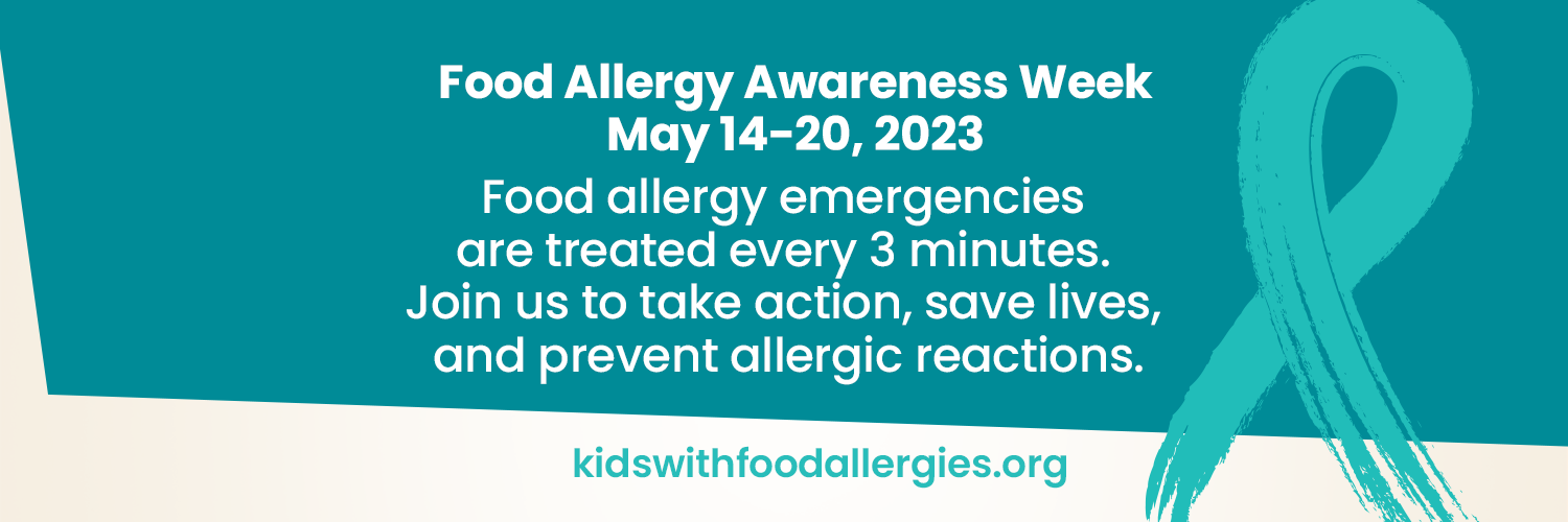 A teal ribbon with the text Food Allergy Awareness Week May 14-20, 2023. Food allergy emergencies are treated every 3 minutes. Join us to take action, save lives, and prevent allergic reactions.