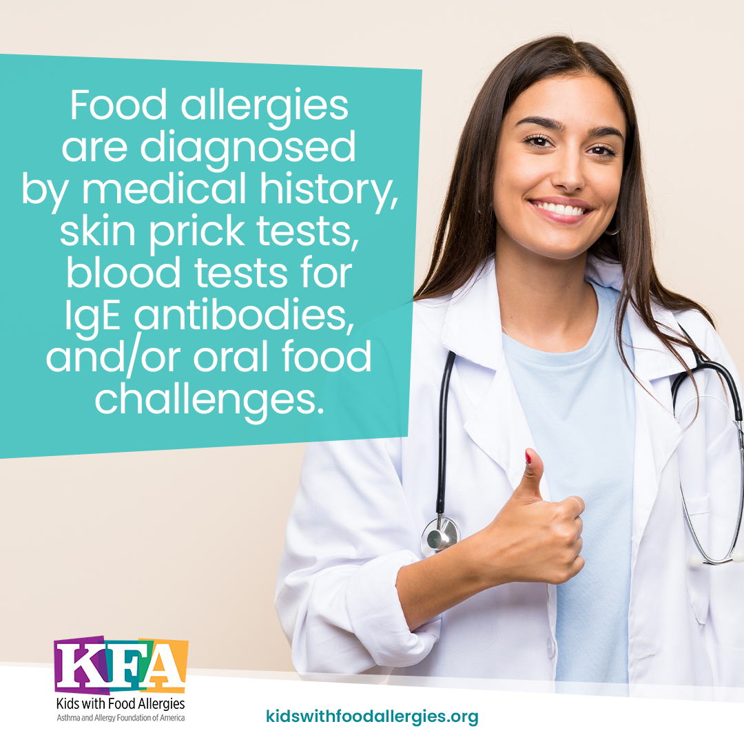 A photo of a woman wearing a lab coat and stethoscope with the text: Food allergies are diagnosed by medical history, skin prick tests, blood tests for IgE antibodies, and/or oral food challenges.