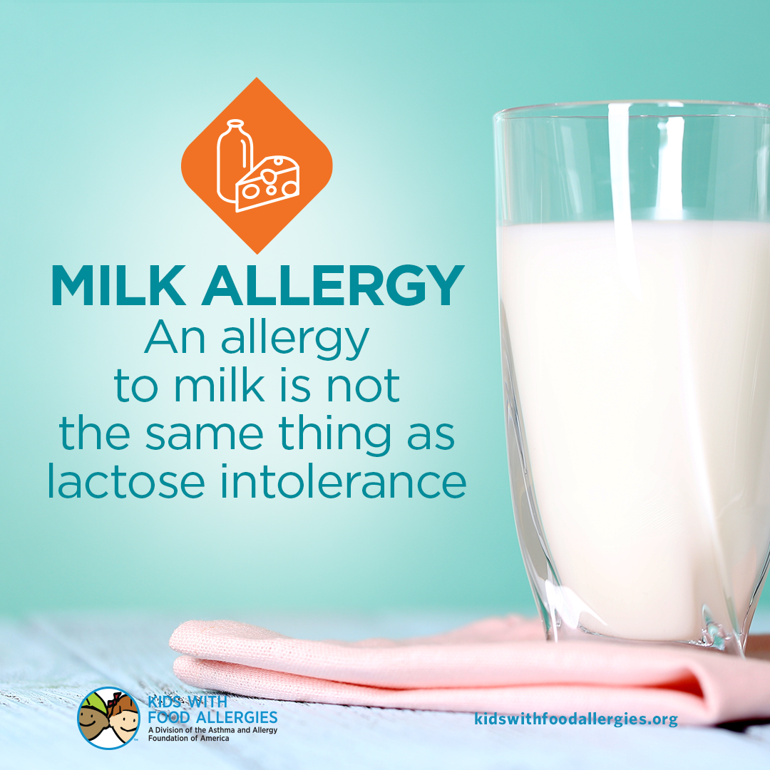 A picture of a glass of milk that says: Milk allergy - an allergy to milk is not the same thing as lactose intolerance