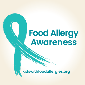 A teal ribbon with the text food allergy awareness.