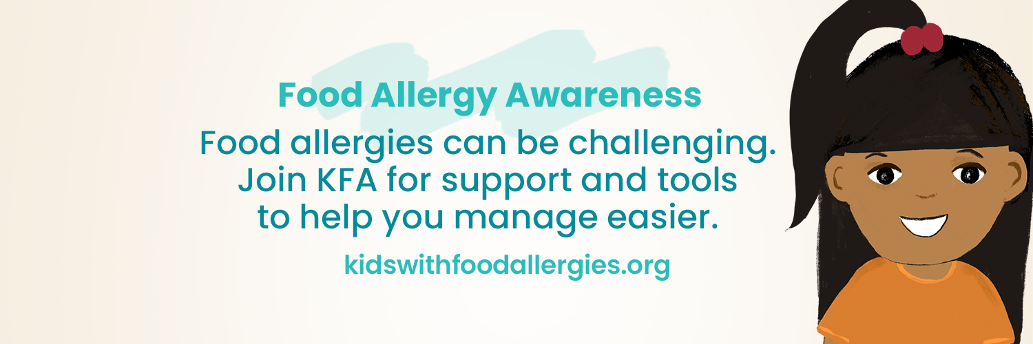 An illustration of a dark skinned girl with girls with a high pony tail and the text Food Allergy Awarenes food allergies can be challenging. Join KFA for support and tools to help you manage easier.