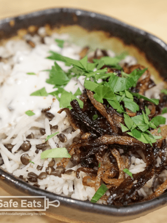 Photo of a bowl of mujardara rice and lentils with crispy onions and milk-free yogurt sauce.