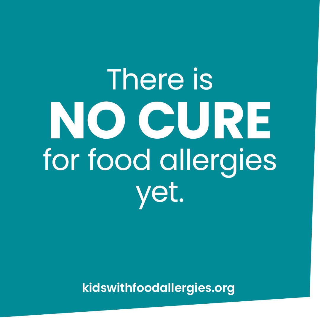 A teal background with the text: There is no cure for food allergies yet.