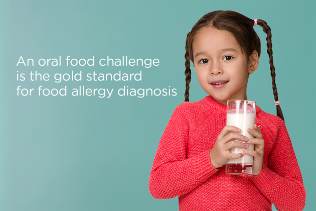 A picture of a girl holding a glass of milk with text an oral food challenge is the gold standard of food allergy diagonsis.