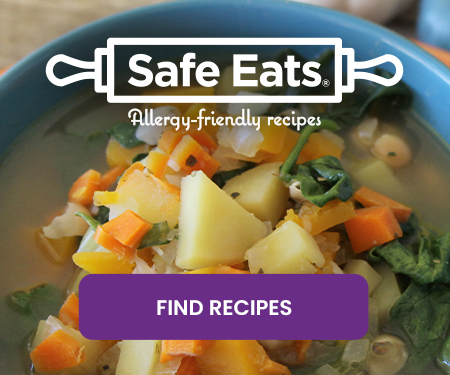 Button that says Find Recipes and text that says Safe Eats - find allergy-friendly recipes